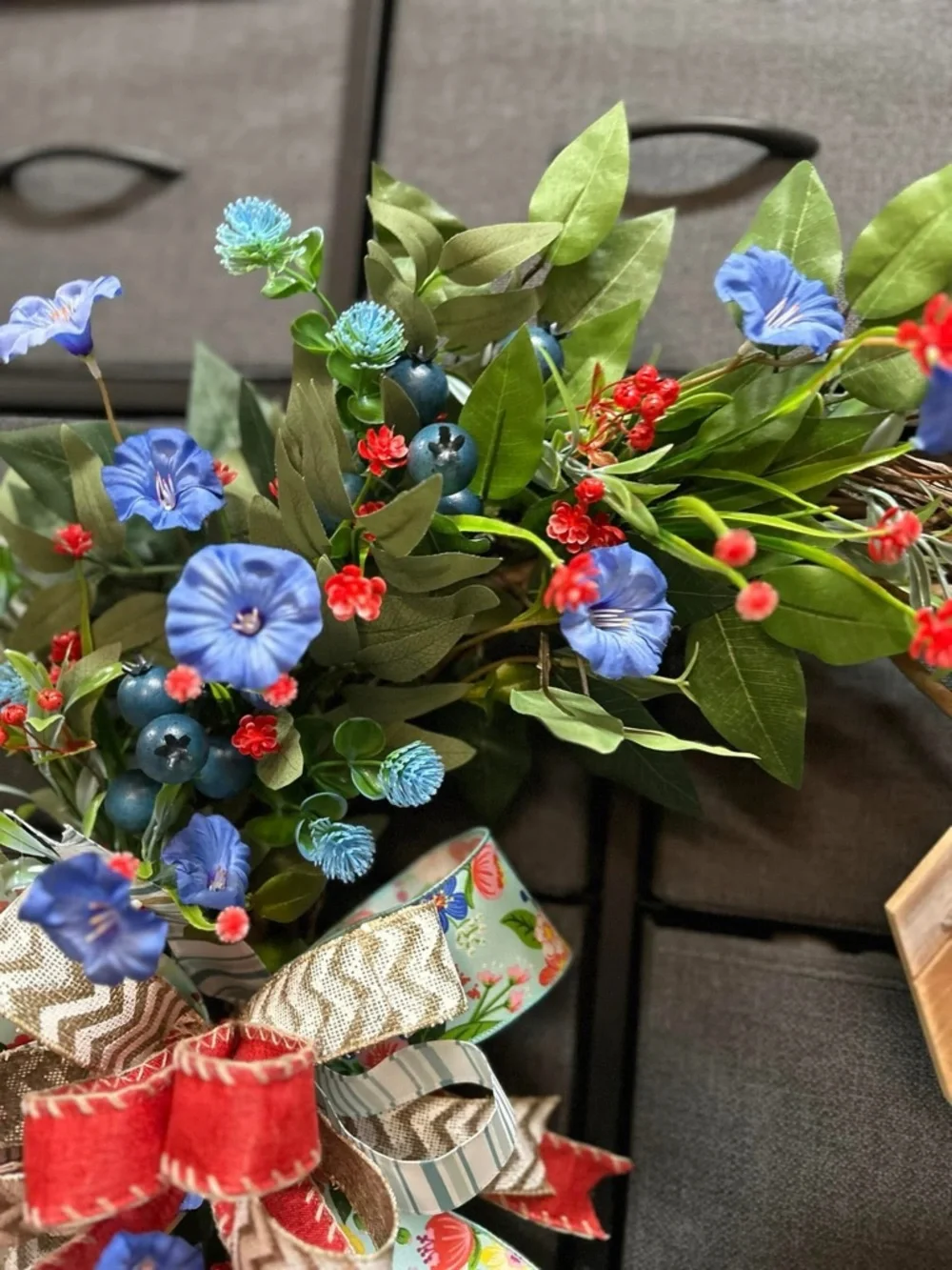 Handmade “Everyday” Blue Floral Wreath with Red Accents and Rustic Cross